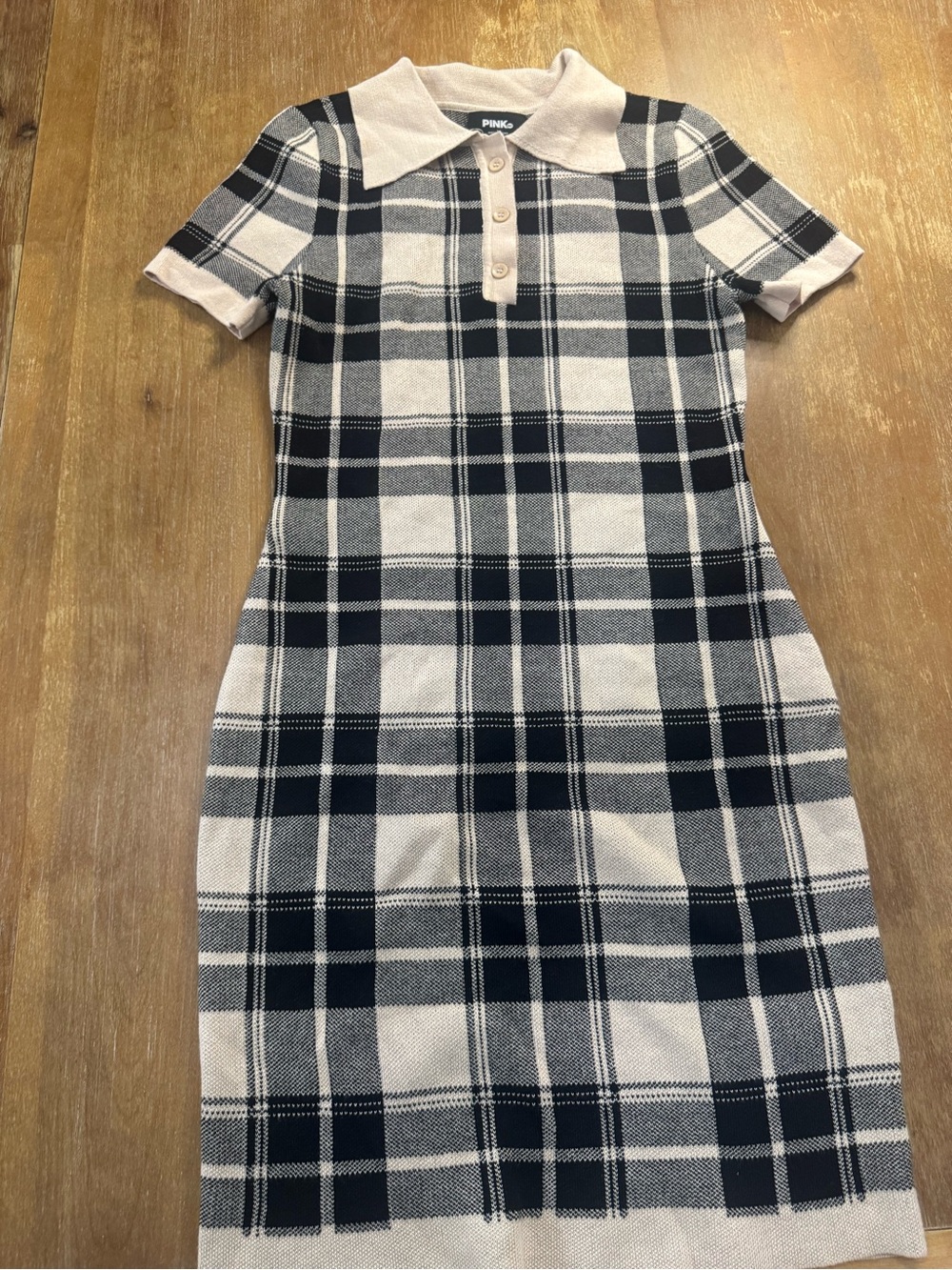 PINK Victoria's Secret Black and Cream Plaid Polo Knit Midi Dress